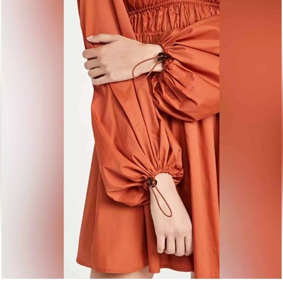 NWT Staud,Form Flattering Bow Dress Puff Sleeve Mini Rust Red, Boho, Lux,Size 6 - Picture 6 of 9